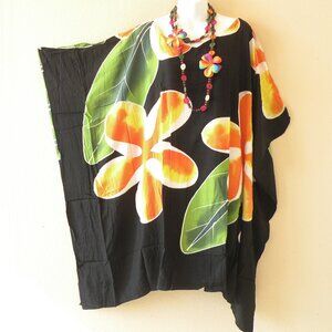 LT113 Red Floral Plus Batik Women Handpainted 38" Kaftan Midi Dress upto 5X